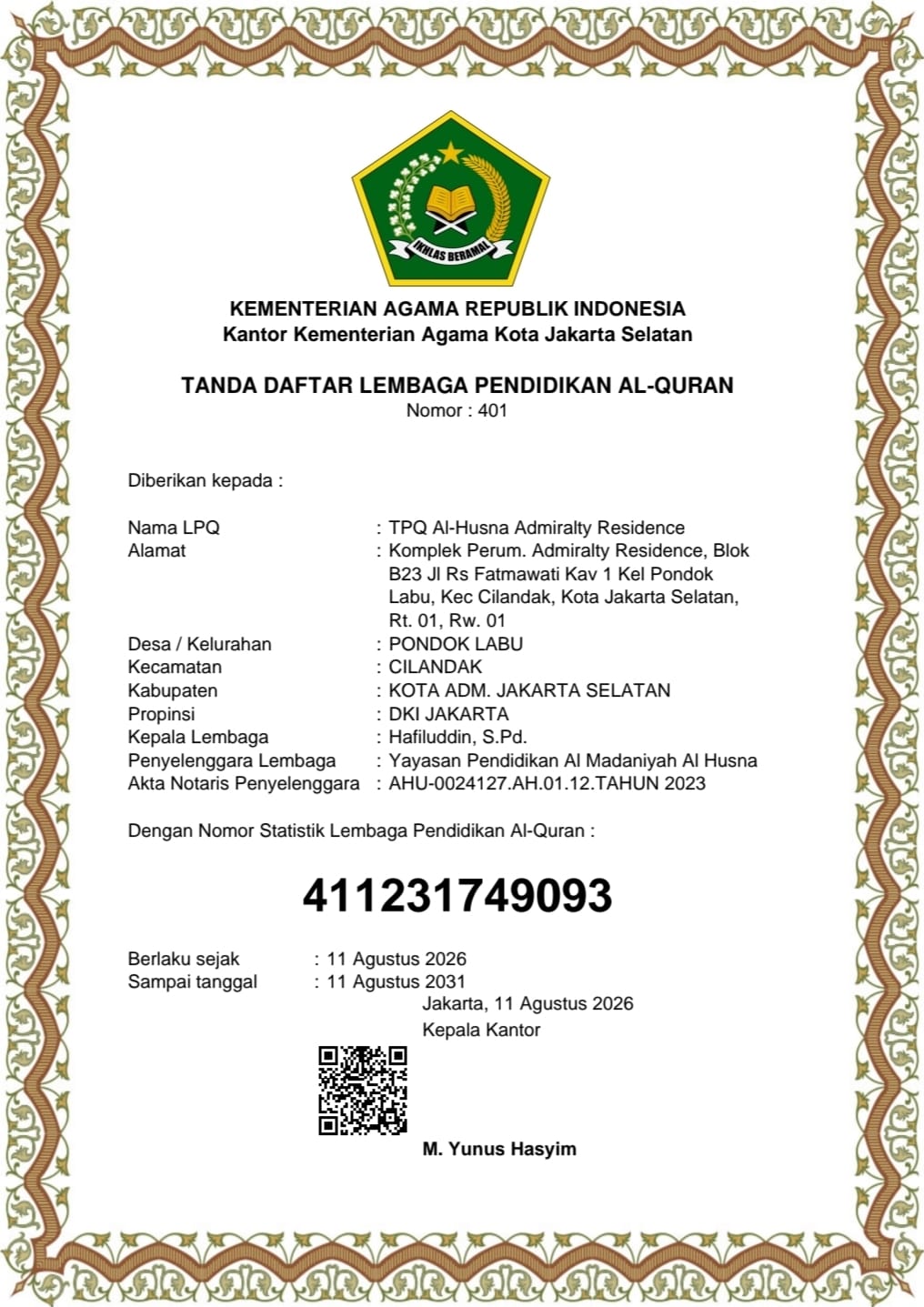 Tanda Daftar LPQ Kemenag RI TPQ Al-Husna